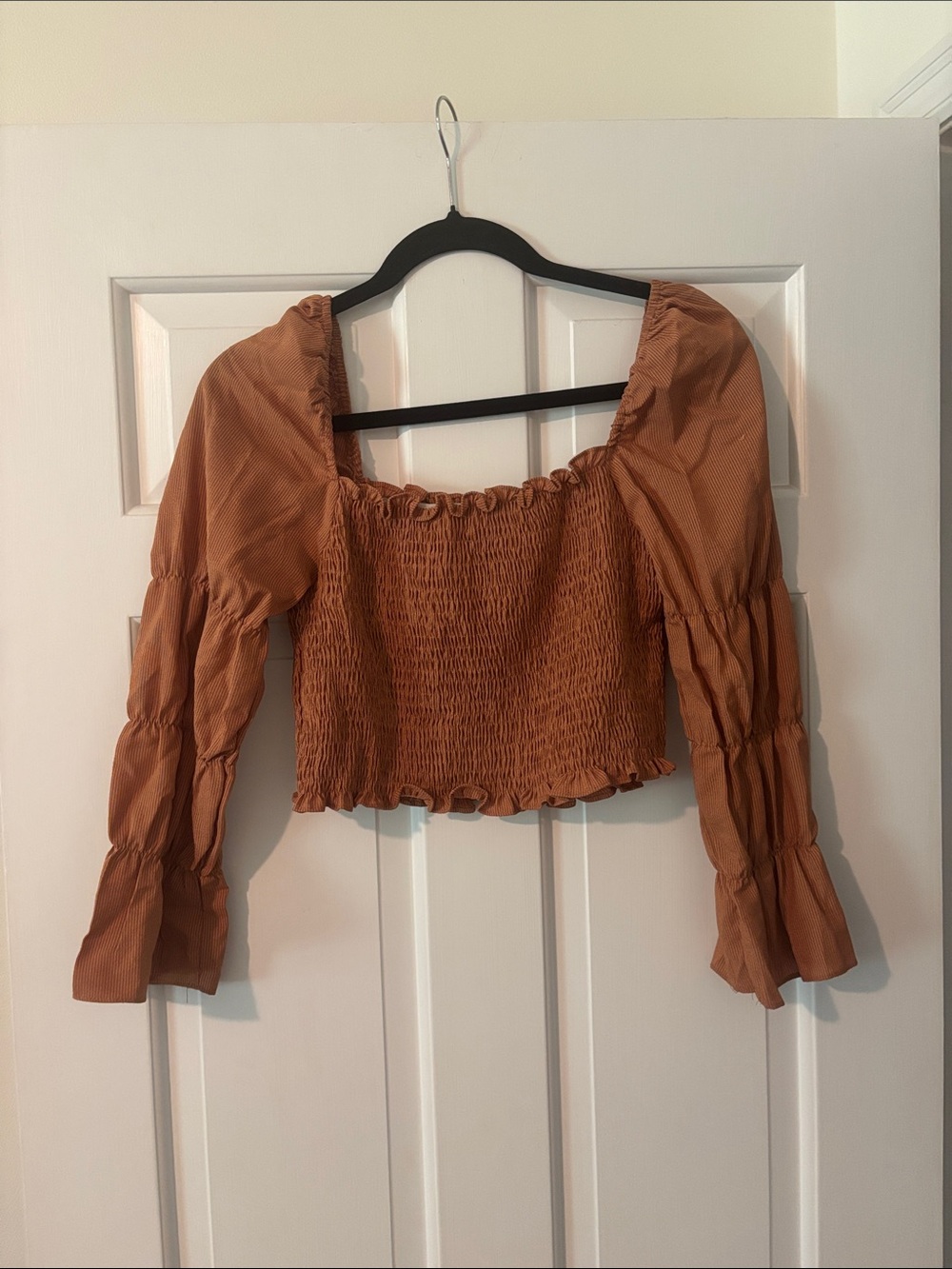 Women's Smocked Rust Long-Sleeve Crop Top